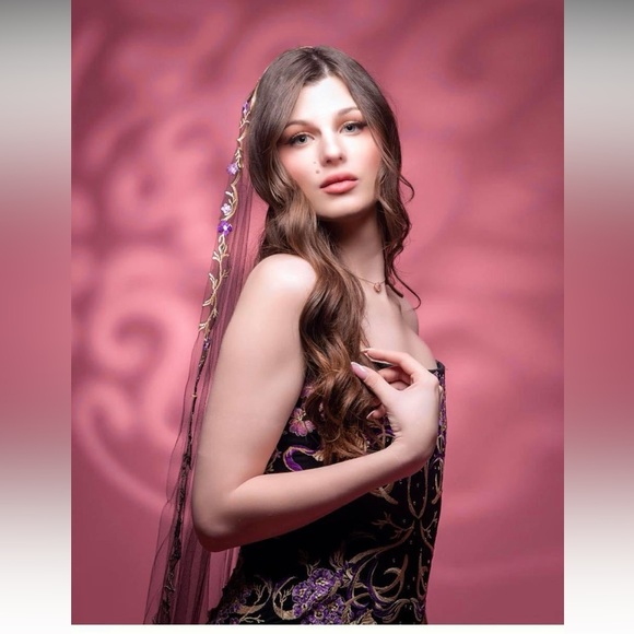 Lucia’s Sarto ♍️ long vail, red carpet, black floral purple wedding bridal bride main image 6